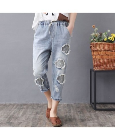 Elastic Waist Jeans Ladies Vintage Embroidery Trousers Women Casual Retro Floral Denim Cowboy Ripped Harem Pants Yalabovso $5...