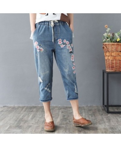 Elastic Waist Jeans Ladies Vintage Embroidery Trousers Women Casual Retro Floral Denim Cowboy Ripped Harem Pants Yalabovso $5...