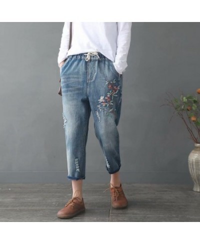 Elastic Waist Jeans Ladies Vintage Embroidery Trousers Women Casual Retro Floral Denim Cowboy Ripped Harem Pants Yalabovso $5...