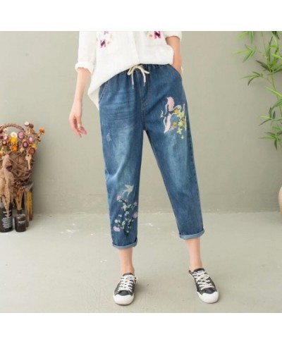 Elastic Waist Jeans Ladies Vintage Embroidery Trousers Women Casual Retro Floral Denim Cowboy Ripped Harem Pants Yalabovso $5...