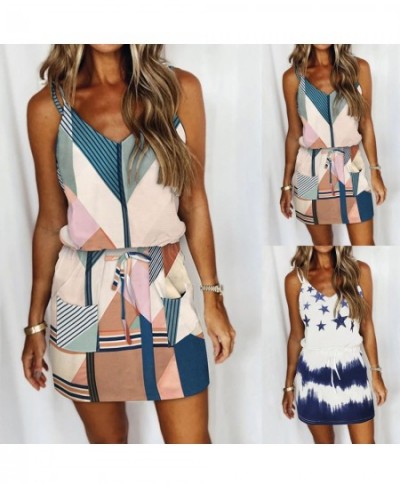 Women'S Dress Summer 2023 Fashion Casual V-Neck Short Sleeve Strap Open Back Sexy Patch Multicolor Print Dress Elegent Ladies...