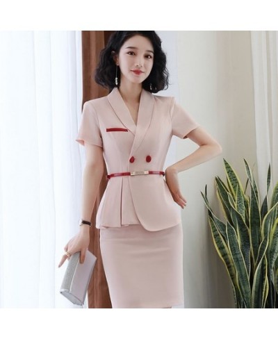 New Summer Style 2 Piece Business Suit Women Uniform Elegant Lady Pink Work Wear Blazer Set With Skirt-Include Belt $89.89 - ...