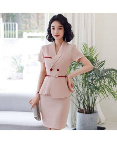 New Summer Style 2 Piece Business Suit Women Uniform Elegant Lady Pink Work Wear Blazer Set With Skirt-Include Belt $89.89 - ...