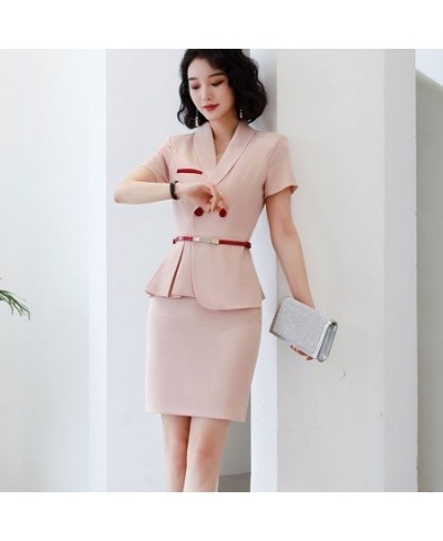 New Summer Style 2 Piece Business Suit Women Uniform Elegant Lady Pink Work Wear Blazer Set With Skirt-Include Belt $89.89 - ...