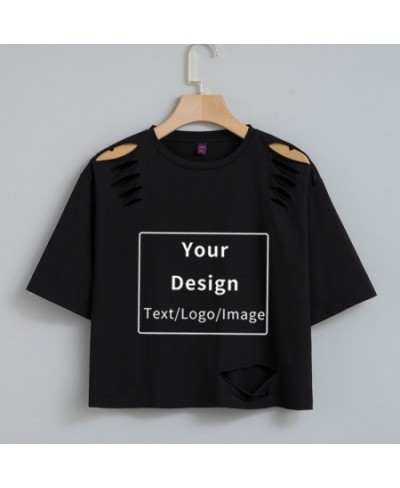 Custom Diy Crop Top T Shirt Printing Logo Graphic Tee Ladies Customized Cotton Tshirt Women Short Sleeve Hole T-shirt Summer ...