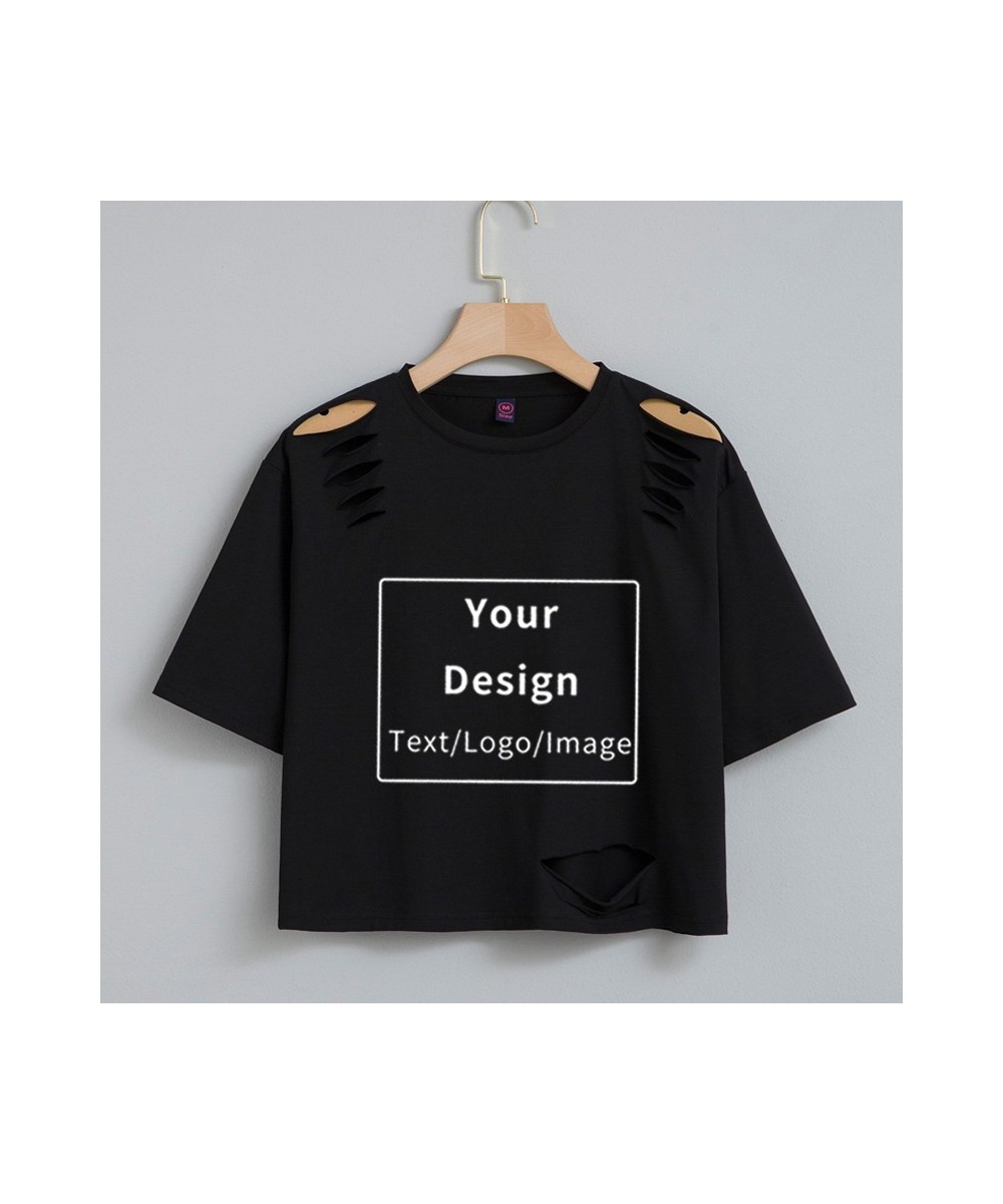 Custom Diy Crop Top T Shirt Printing Logo Graphic Tee Ladies Customized Cotton Tshirt Women Short Sleeve Hole T-shirt Summer ...