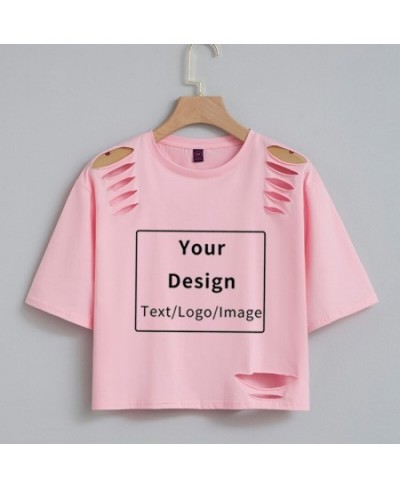 Custom Diy Crop Top T Shirt Printing Logo Graphic Tee Ladies Customized Cotton Tshirt Women Short Sleeve Hole T-shirt Summer ...