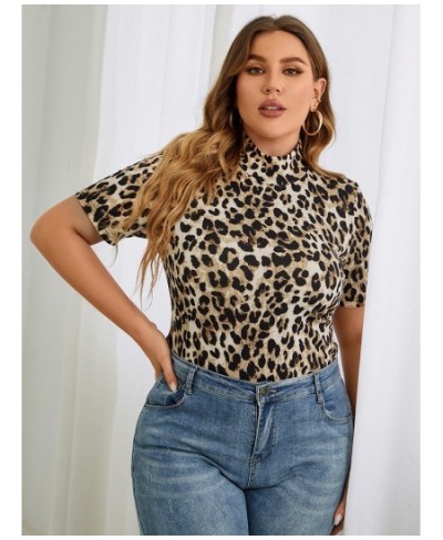 Plus Size Tops Fashion Leopard Women Slim Tees 2022 New Summer Short Sleeve Turtleneck Casual Oversized T-Shirts Clothing $34...