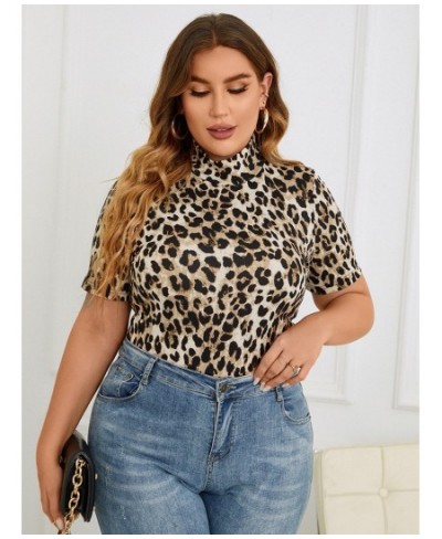 Plus Size Tops Fashion Leopard Women Slim Tees 2022 New Summer Short Sleeve Turtleneck Casual Oversized T-Shirts Clothing $34...