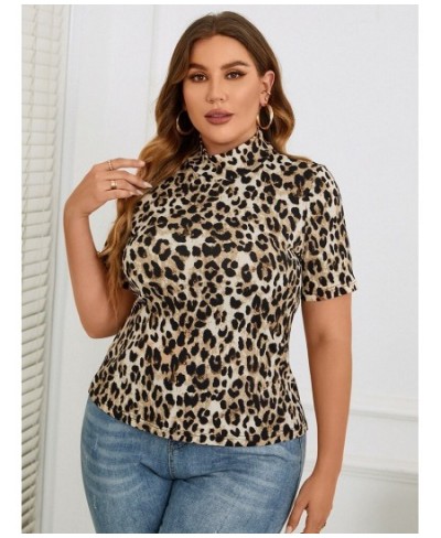 Plus Size Tops Fashion Leopard Women Slim Tees 2022 New Summer Short Sleeve Turtleneck Casual Oversized T-Shirts Clothing $34...