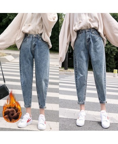 Woman Jeans Velvet Thickening Harem Pants Loose Mid Waist Wide Leg Ankle Length Winter Thin Pants $50.58 - Jeans