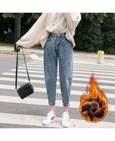 Woman Jeans Velvet Thickening Harem Pants Loose Mid Waist Wide Leg Ankle Length Winter Thin Pants $50.58 - Jeans