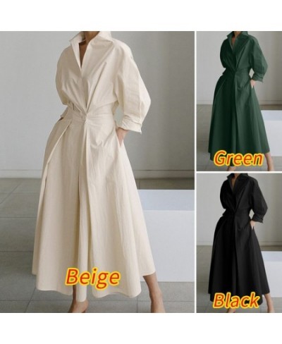 Summer Dress for Women Solid Color High Waist Elegant Shirt Dress for Casual Women's Dress for Casual Pleated Long Dress NIN6...