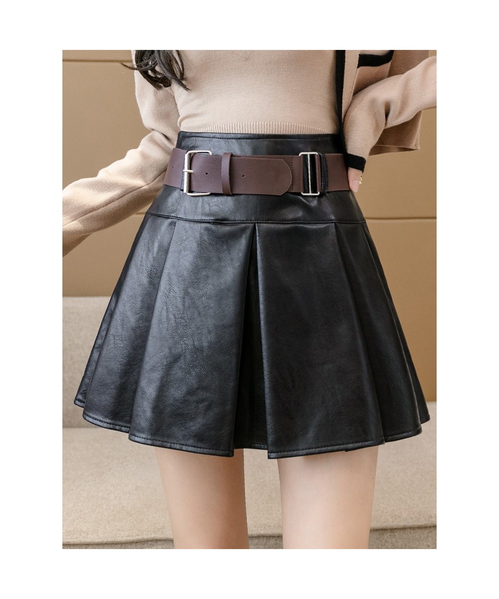 PU Leather Shorts Skirts with Belt Women Korean Fashion Side Zipper Pleated Skirts Streetwear Black Khaki Mini Skirts $38.40 ...