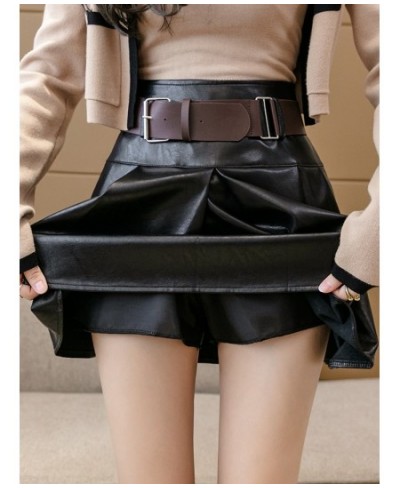 PU Leather Shorts Skirts with Belt Women Korean Fashion Side Zipper Pleated Skirts Streetwear Black Khaki Mini Skirts $38.40 ...