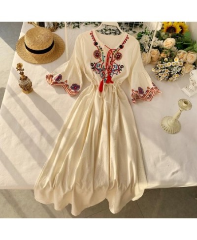 Bohemian Style Desert Outing Floral Embroidery Tassel Indie Folk Women Long Dress $55.77 - Dresses