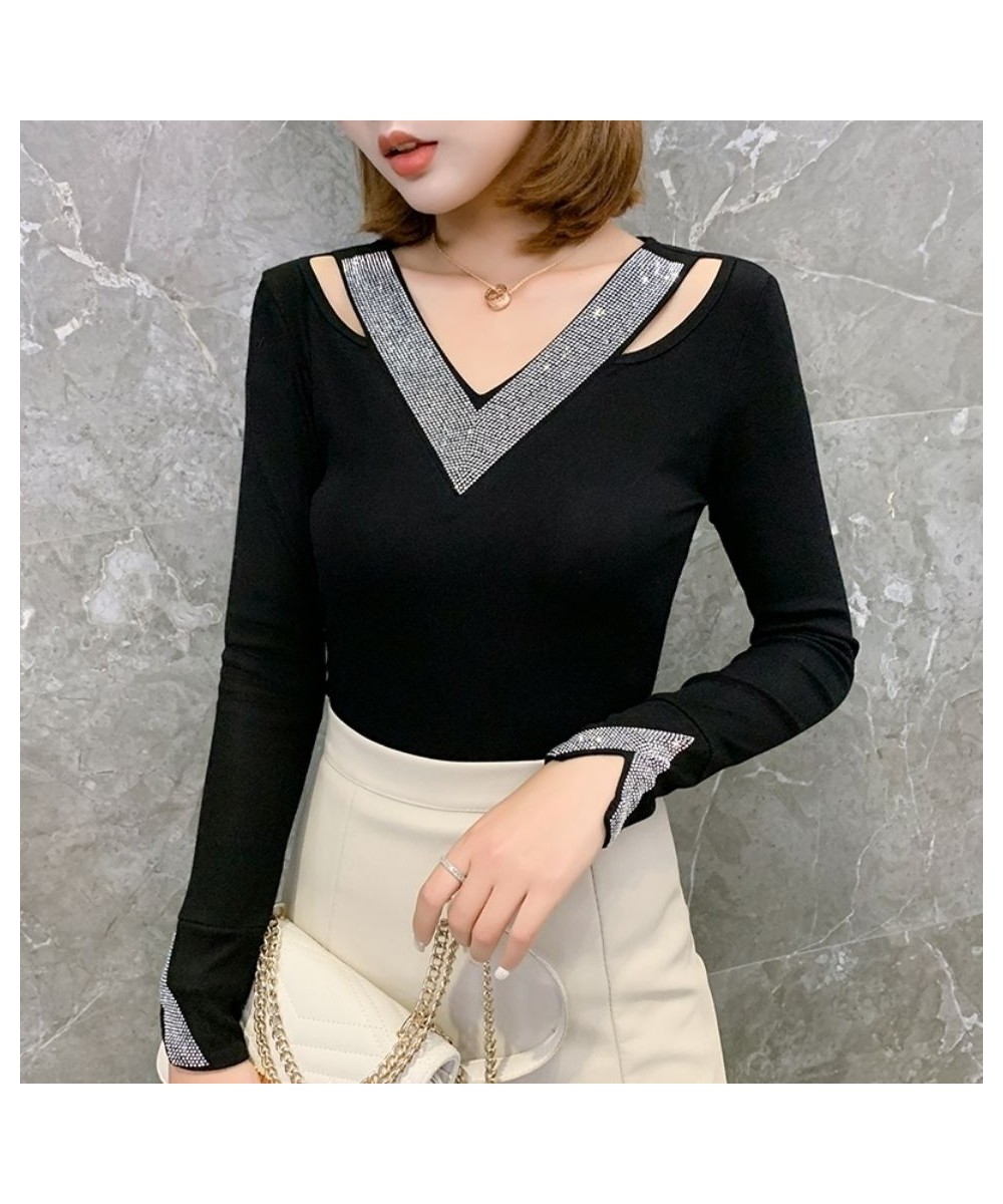 V-Neck Patchwork Diamonds Pullover Oversized T-Shirt Spring Autumn Clothes for Women Sexy Clavicle Hole Black Slim Short Tops...