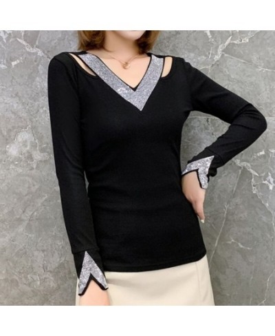 V-Neck Patchwork Diamonds Pullover Oversized T-Shirt Spring Autumn Clothes for Women Sexy Clavicle Hole Black Slim Short Tops...