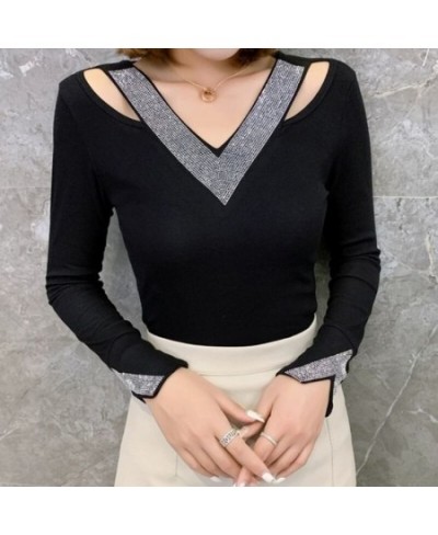 V-Neck Patchwork Diamonds Pullover Oversized T-Shirt Spring Autumn Clothes for Women Sexy Clavicle Hole Black Slim Short Tops...