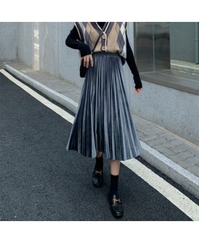 Women's Elegant Golden Velvet A-Line Skirt Fall/Winter Solid Color Mid-Long High Rise Pleated Skirts Ladies' Temperament $27....