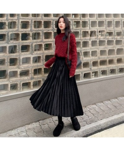 Women's Elegant Golden Velvet A-Line Skirt Fall/Winter Solid Color Mid-Long High Rise Pleated Skirts Ladies' Temperament $27....