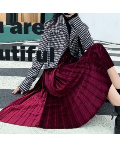 Women's Elegant Golden Velvet A-Line Skirt Fall/Winter Solid Color Mid-Long High Rise Pleated Skirts Ladies' Temperament $27....