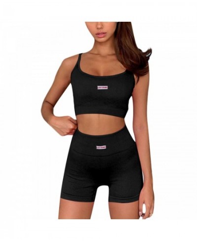 Women Sports Two-piece Running Set Summer Ribbed Knit Tracksuits Female Sleeveless Straps Crop Tops+High Waist Shorts Female ...