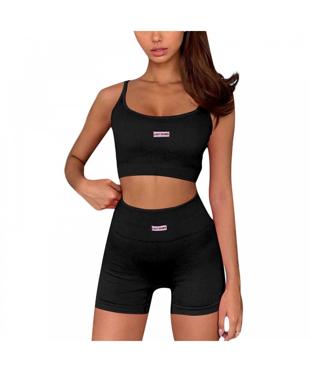 Women Sports Two-piece Running Set Summer Ribbed Knit Tracksuits Female Sleeveless Straps Crop Tops+High Waist Shorts Female ...