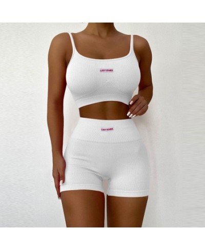 Women Sports Two-piece Running Set Summer Ribbed Knit Tracksuits Female Sleeveless Straps Crop Tops+High Waist Shorts Female ...