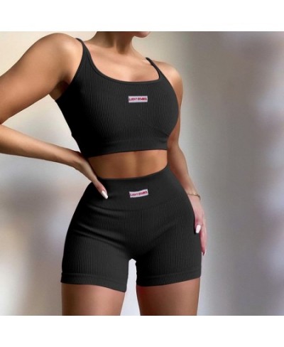 Women Sports Two-piece Running Set Summer Ribbed Knit Tracksuits Female Sleeveless Straps Crop Tops+High Waist Shorts Female ...