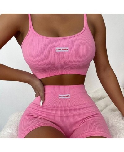 Women Sports Two-piece Running Set Summer Ribbed Knit Tracksuits Female Sleeveless Straps Crop Tops+High Waist Shorts Female ...