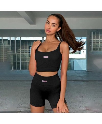 Women Sports Two-piece Running Set Summer Ribbed Knit Tracksuits Female Sleeveless Straps Crop Tops+High Waist Shorts Female ...