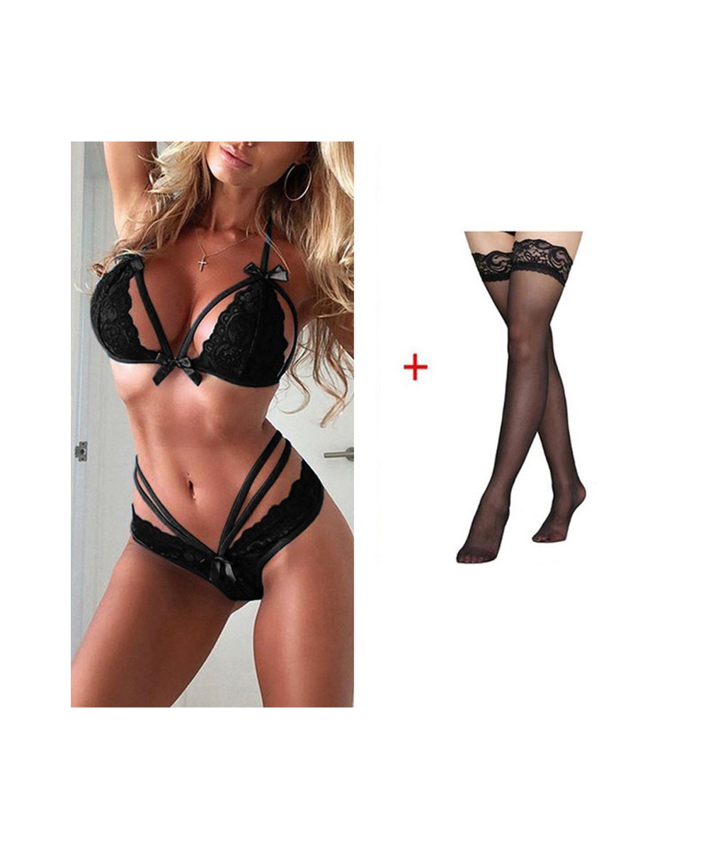 Erotic Sexy Lingerie Set Lace Straps Push Up Bra Polyester Nightwear Stockings + Underwear Women Set Lencería Sexy Sleep Tops...