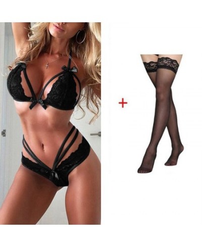 Erotic Sexy Lingerie Set Lace Straps Push Up Bra Polyester Nightwear Stockings + Underwear Women Set Lencería Sexy Sleep Tops...