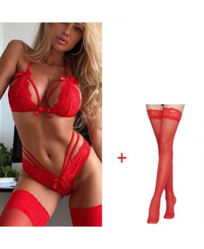 Erotic Sexy Lingerie Set Lace Straps Push Up Bra Polyester Nightwear Stockings + Underwear Women Set Lencería Sexy Sleep Tops...