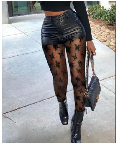 Women High Waist Fashion Casual Contrast Lace PU Leather Skinny Pants Slim Sexy Ankle Length Pencil Pants $44.31 - Bottoms