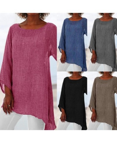 Blouse Women Solid Color Cotton Linen O-Neck Long Sleeve Irregular Tunic Top Spring Summer Oversized Shirts $26.42 - Women Tops