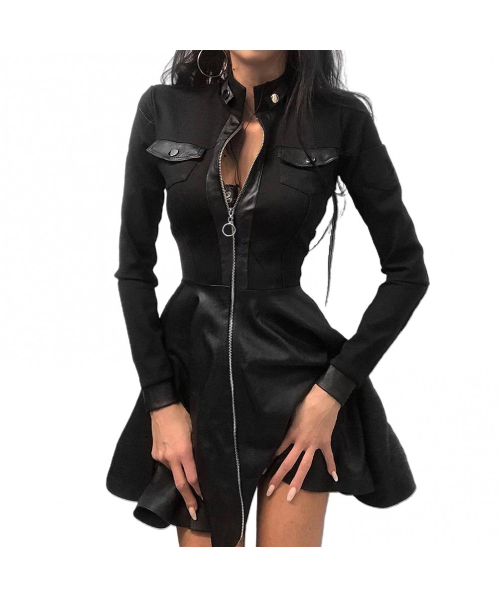 Women Long Sleeve Zipper Pocket Large Hem Faux Leather Lace Mini Dress Women's Clothing Elegant Fashion Party Dress vestidos ...