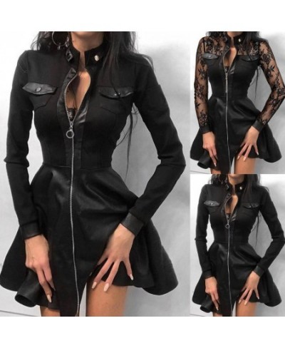 Women Long Sleeve Zipper Pocket Large Hem Faux Leather Lace Mini Dress Women's Clothing Elegant Fashion Party Dress vestidos ...