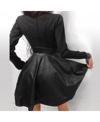 Women Long Sleeve Zipper Pocket Large Hem Faux Leather Lace Mini Dress Women's Clothing Elegant Fashion Party Dress vestidos ...