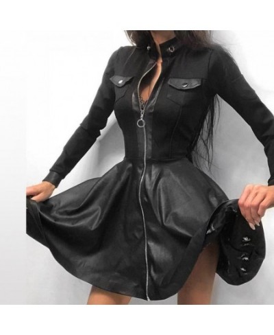 Women Long Sleeve Zipper Pocket Large Hem Faux Leather Lace Mini Dress Women's Clothing Elegant Fashion Party Dress vestidos ...