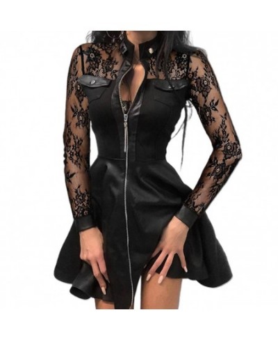 Women Long Sleeve Zipper Pocket Large Hem Faux Leather Lace Mini Dress Women's Clothing Elegant Fashion Party Dress vestidos ...