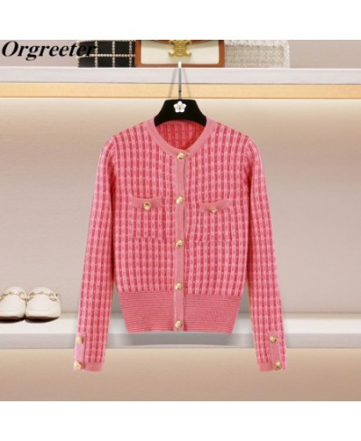 Korean Chic Sweet Pink Plaid Autumn Long Sleeve Sweater Cardigan Women 2023 New Fashion Short Sleeve Summer Knitwear Tops $45...