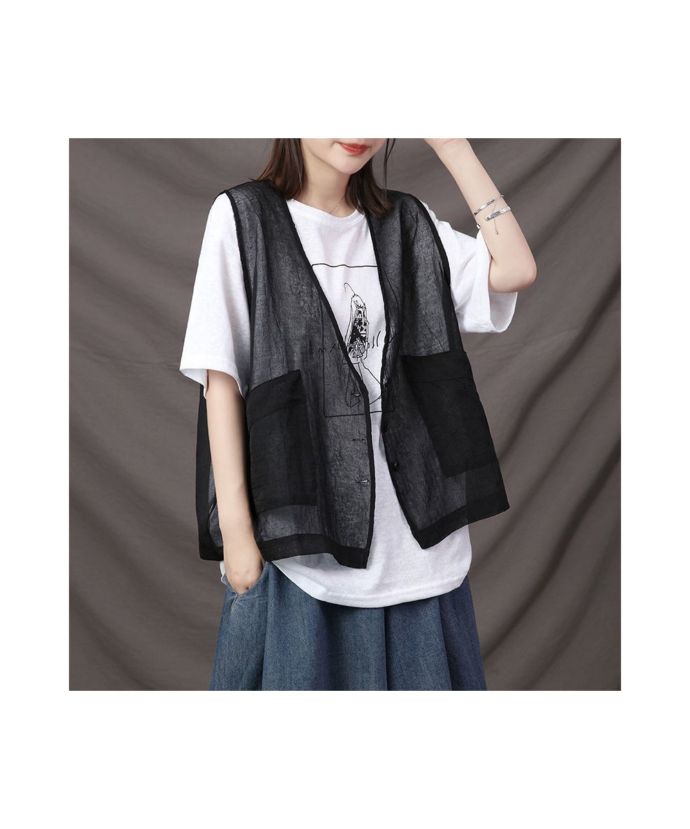 Vests Women Thin Summer Pockets Transparent Cool Unisex Couple Retro Gentle Basic All-match Korean Style Harajuku Mujer Chic ...