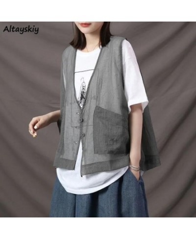 Vests Women Thin Summer Pockets Transparent Cool Unisex Couple Retro Gentle Basic All-match Korean Style Harajuku Mujer Chic ...