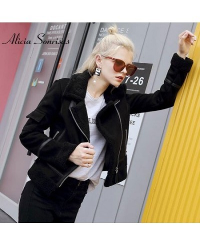 Faux Shearling Sheepskin Coat Women Leather Thick Suede Jacket Women Autumn Winter Lambs Wool Short Motorcycle Outerwear UV30...