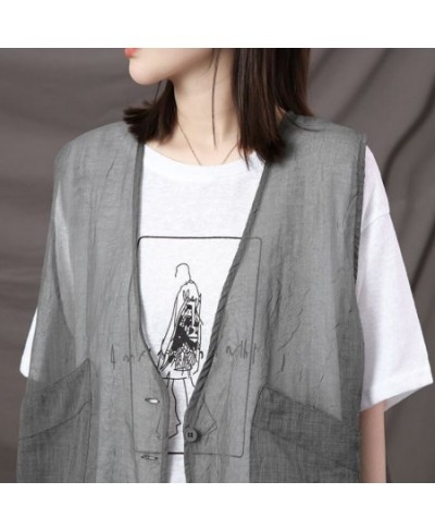 Vests Women Thin Summer Pockets Transparent Cool Unisex Couple Retro Gentle Basic All-match Korean Style Harajuku Mujer Chic ...