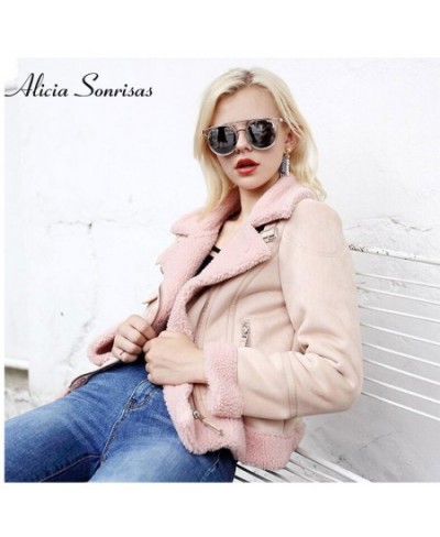 Faux Shearling Sheepskin Coat Women Leather Thick Suede Jacket Women Autumn Winter Lambs Wool Short Motorcycle Outerwear UV30...