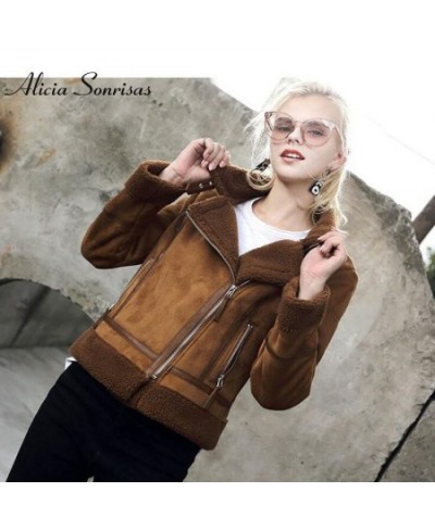 Faux Shearling Sheepskin Coat Women Leather Thick Suede Jacket Women Autumn Winter Lambs Wool Short Motorcycle Outerwear UV30...