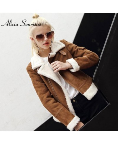 Faux Shearling Sheepskin Coat Women Leather Thick Suede Jacket Women Autumn Winter Lambs Wool Short Motorcycle Outerwear UV30...